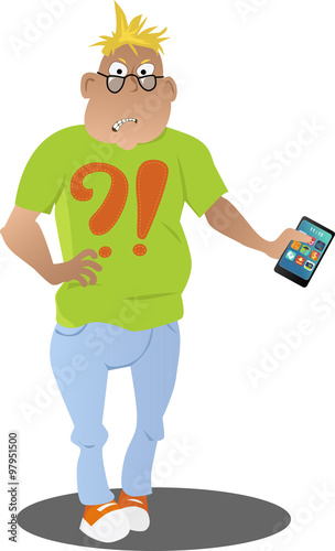 Upset and angry cartoon man holding a smart-phone in his hand EPS 8 vector illustration, no transparencies