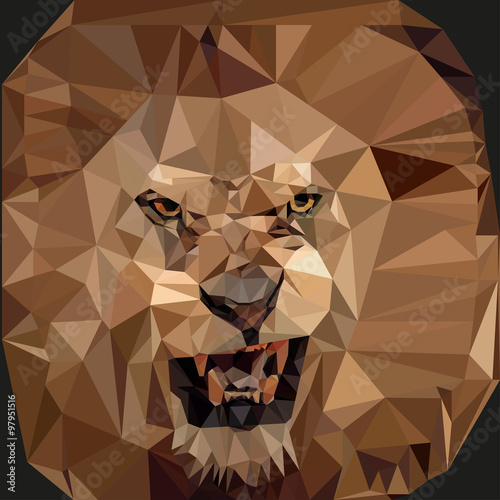 Roaring Lion in the style of triangulation on a black background. Vector illustration