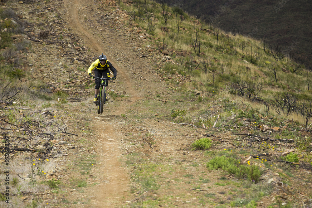 Unknown racer on the competition of the mountain bike 