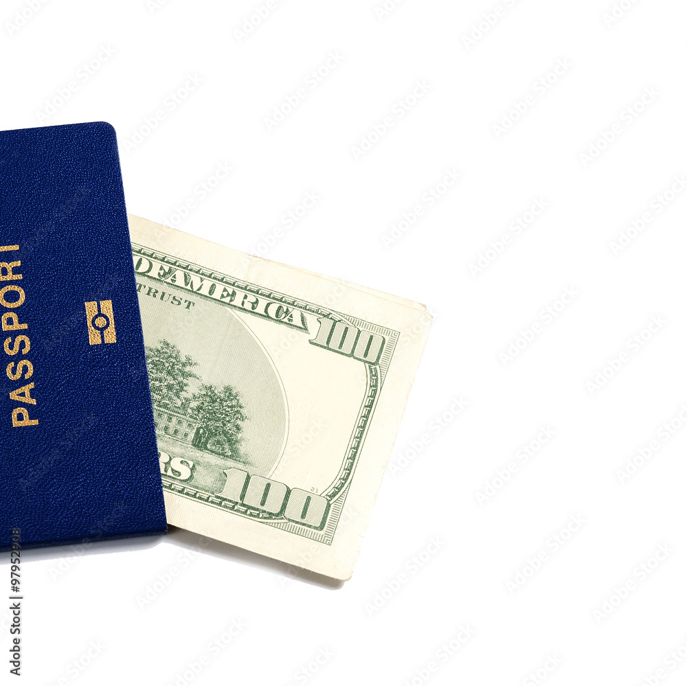 passport with US dollars banknotes isolated on white background passport with US dollars banknotes isolated on white background