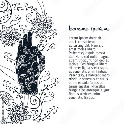 Element yoga jnana mudra hands with mehendi patterns.