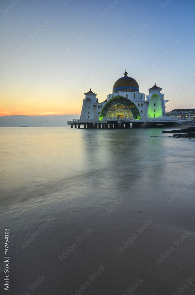 Majestic view of Malacca Straits Mosque during sunset. Soft focu