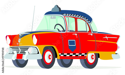 Caricatura Ford Mainline Town Sedan 1955 taxi rojo USA vista frontal y lateral