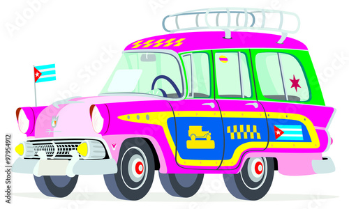 Caricatura Ford Country Squire 1955 taxi Cuba rosa vista frontal y lateral
