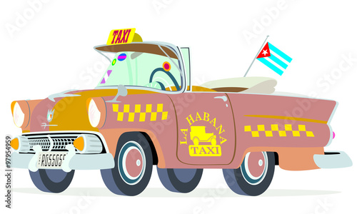 Caricatura Ford Sunliner convertible 1955 abierto  taxi Cuba marrón vista frontal y lateral