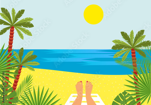 Tanned Feet and the sea. female legs against the sea, beach with palm trees