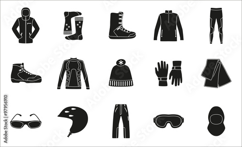 Set of cloth and shoes for winter sport. Black silhouette design. Ski icons series.