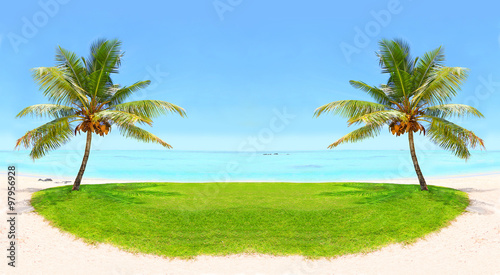 Tropical beach and palm trees with coconuts, blue sea and sunny sky on a background. Greeting from paradise. 