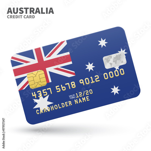 Credit card with Australia flag background for bank, presentations and business. Isolated on white