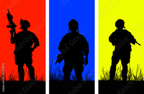 Bild auf Leinwand Three Rangers silhouette with arms on different colored background