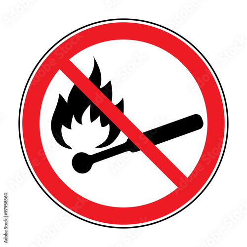 No Fire sign. Prohibits danger open flame icon. Black silhouette matchstick in red round isolated on white background. Forbidden warning flame symbol. Vector illustration