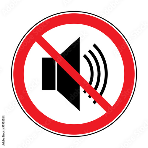 No noice icon. Indicating signal to silence, mute. Speaker with loud prohibited sign. Silence, mute. Red prohibition symbol not sound or music isolated on white background. Stock Vector illustration