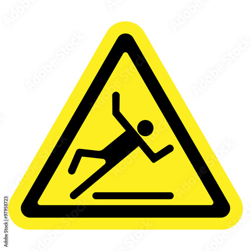 Wet floor sign. Slippery caution image. Slip and accident fall icon. Warning caution safety label. Black pictogram in a yellow triangle isolated on white background. Stock Vector illustration