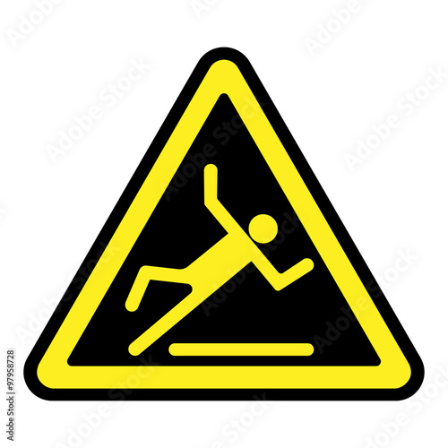 Wet floor sign. Slippery caution image. Slip and accident fall icon. Warning caution safety label. Yellow pictogram in a black triangle isolated on white background. Stock Vector illustration