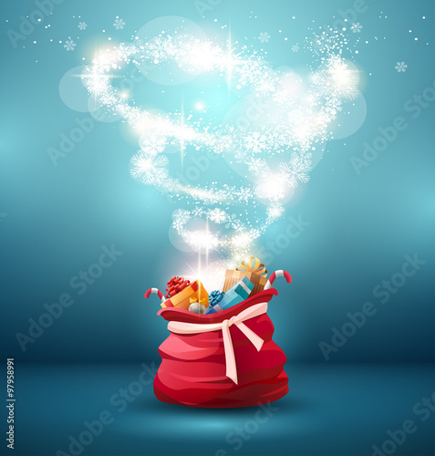 Christmas background with open bag of Santa Claus