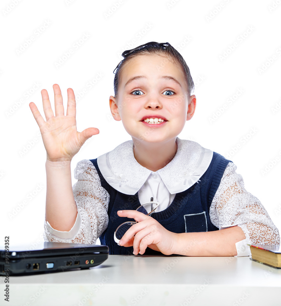 Portrait of a girl sitting at a school desk, school, classroom, Stock ...