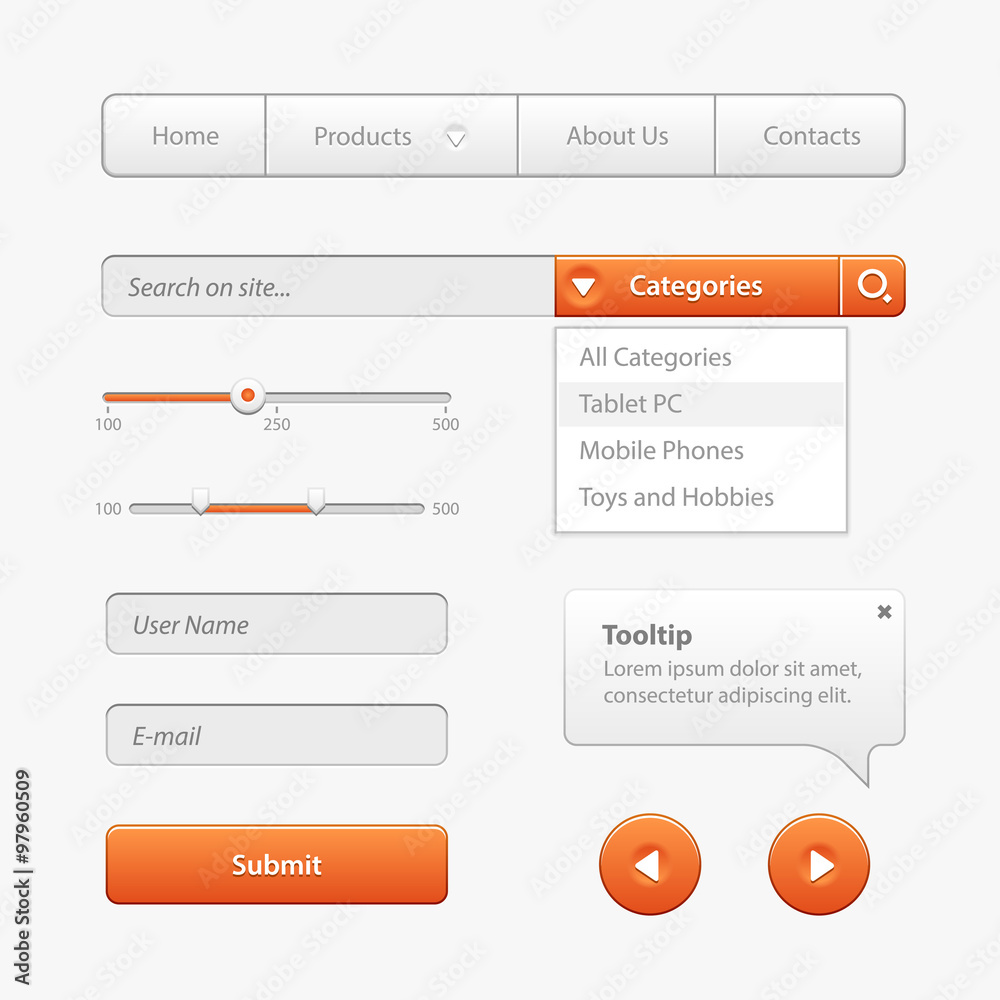 Orange Light User Interface Controls. Web Elements. Website, Software UI: Buttons, Switchers, Slider, Arrows, Drop-down Orange Light User Interface Controls. Web Elements. Website, Software UI: Buttons, Switchers, Slider, Arrows, Drop-down