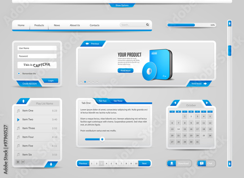 Web UI Controls Elements Gray And Blue On Light Background: Navigation Bar, Buttons, Login Form, Play List, Message Box