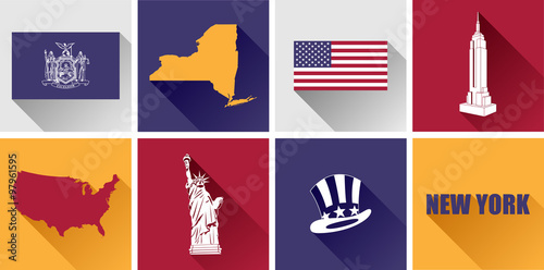 New York Flat Icon Set. 
Set of vector graphic flat icons representing symbols and landmarks of the US state of New York.