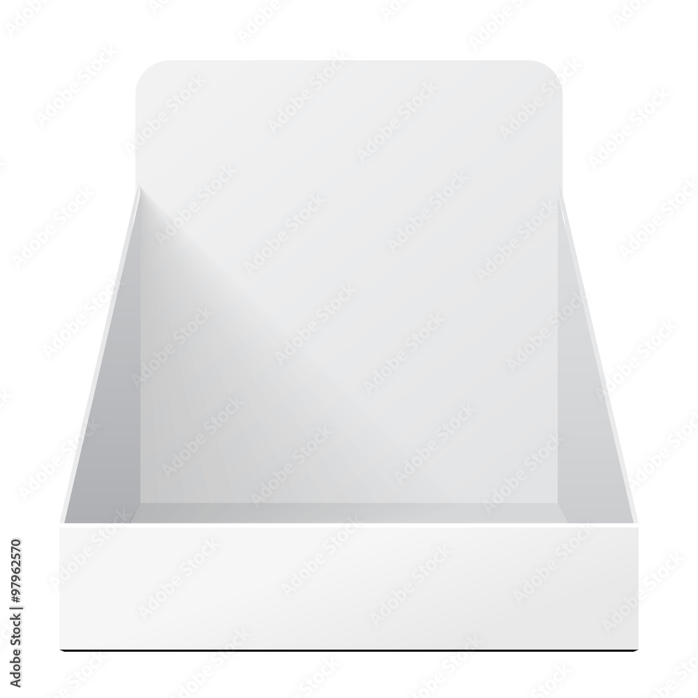 White Holder Box POS POI Cardboard Blank Empty Displays Products On White Background Isolated. Ready For Your Design. Product Packing. Vector EPS10 White Holder Box POS POI Cardboard Blank Empty Displays Products On White Background Isolated. Ready For Your Design. Product Packing. Vector EPS10