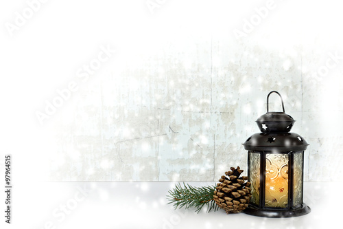 Christmas creative background with vintage Christmas lantern and pine cone. Christmas background concept with copy space