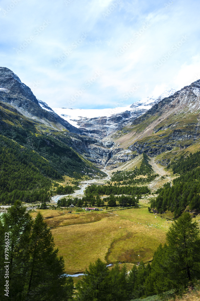 View of mountains, glaciers and valleys in the Alpes of the central  Switzerland. 