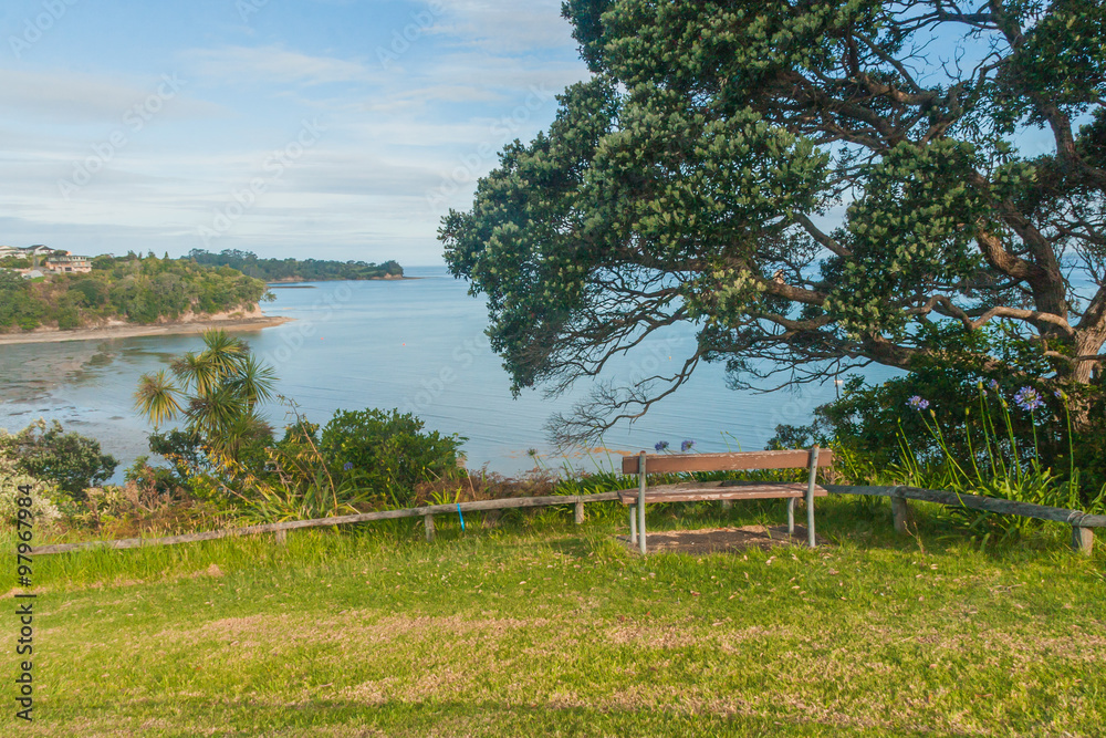 a bench overlooking the sea, Whangaparaoa, Auckland, New Zealand