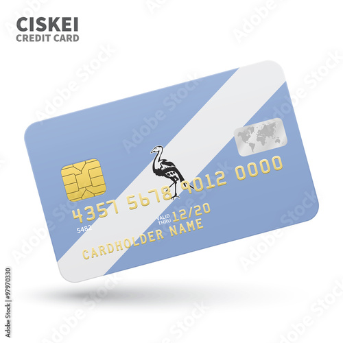 Credit card with Ciskei flag background for bank, presentations and business. Isolated on white photo