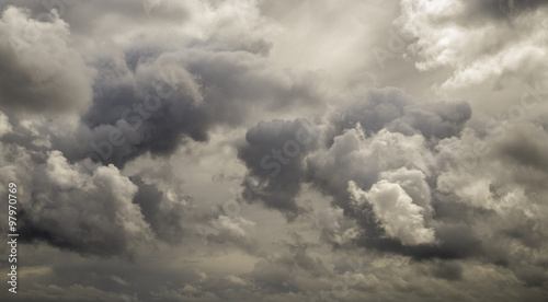 Dark ominous grey storm clouds. Dramatic sky in Patagonia photo
