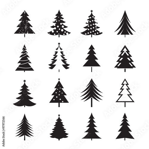 Set of black Christmas Tree. Vector Illustrations.