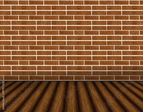 brown brick wall and wooden floor interior background