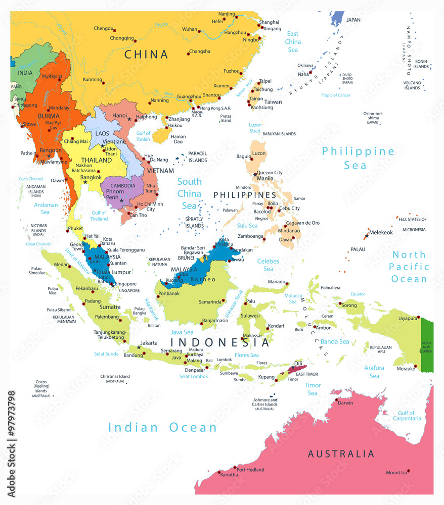 Vecteur Stock Southeast Asia Political Map Isolated On White Adobe Stock
