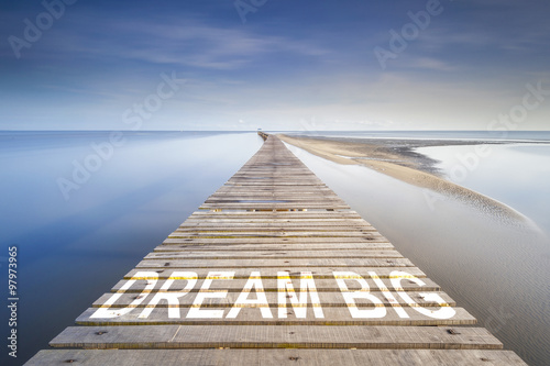 Wallpaper Mural A Long jetty at morning over a ocean to the horizon. On the jetty is written the word dream big. Concept for proceeding to success. Torontodigital.ca