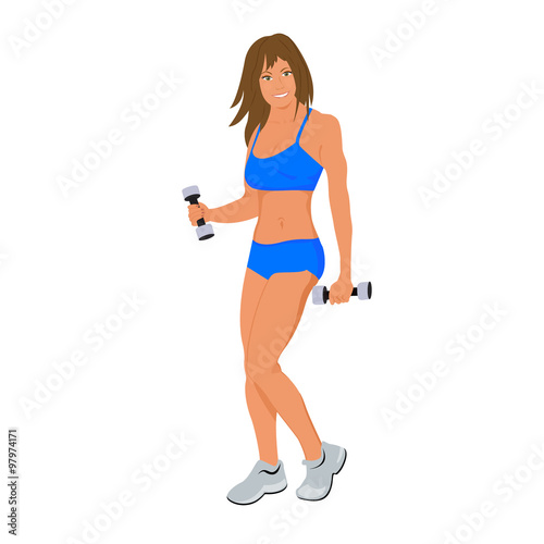 Cute fitness woman isolated on white background, flat vector illustration
