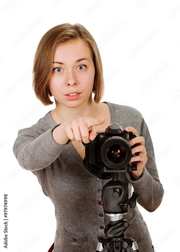 beauty woman holding a camera and pointing beauty woman holding a camera and pointing