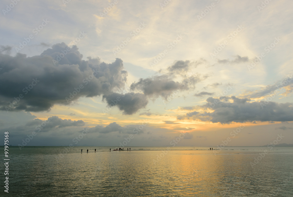 Panoramic dramatic sunset sky and tropical sea at dusk