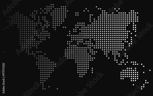 Gradient dots world map on black background, vector illustration.