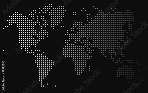 Gradient dots world map on black background, vector illustration.