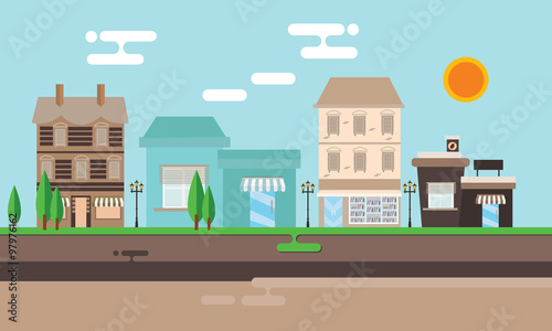 street shop building flat illustration town old vintage mall store