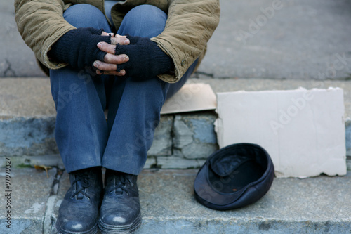 Senior-aged old bum asking for money.  photo