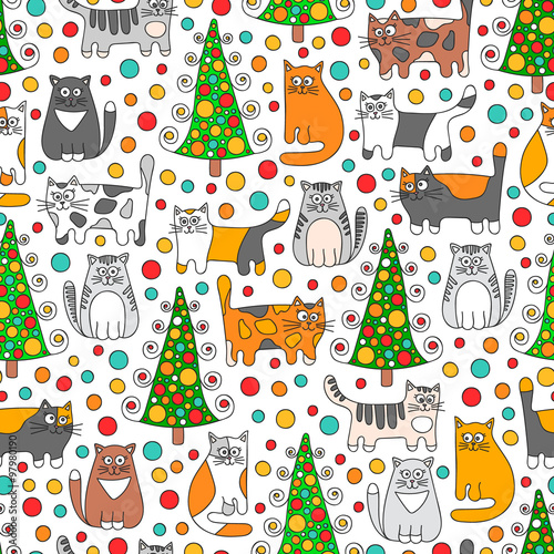 Winter cats. Vector seamless pattern with doodle cats, dots and christmas spruce. Retro colors - grey, green, orange, red and white.