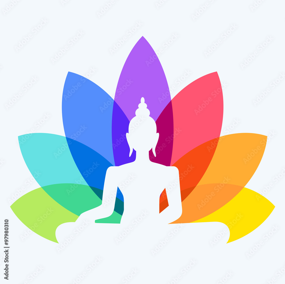 Silhouette of Buddha sitting on a lotus flower background. Yoga logotype man in a lotus
