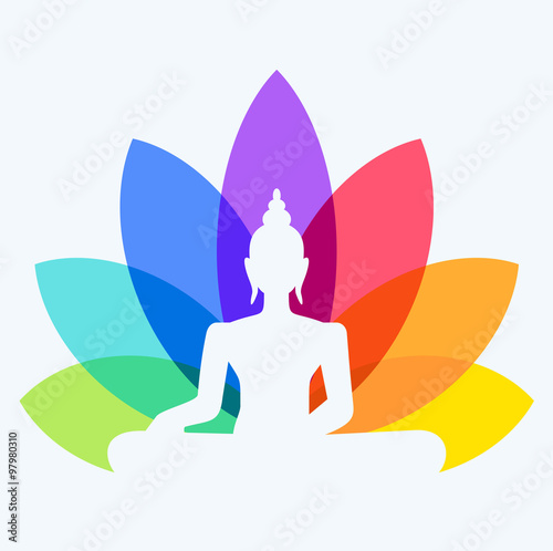 Silhouette of Buddha sitting on a lotus flower background. Yoga logotype - man in a lotus position