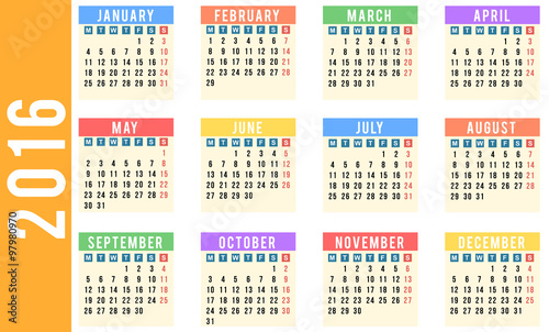 Year 2016 calendar