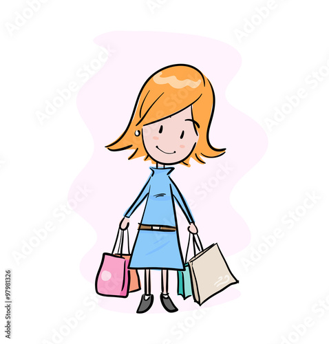 Girl with Shopping Bags, a hand drawn vector illustration of a girl shopping and holding her shopping bags, isolated on a simple background (editable).