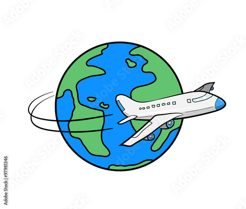 Travel Around the World, a hand drawn vector illustration of an airplane flying around the globe, all graphic main objects are on separate groups for easy editing.