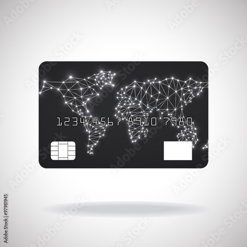 Credit card icon with world map on white background. Vector illustration