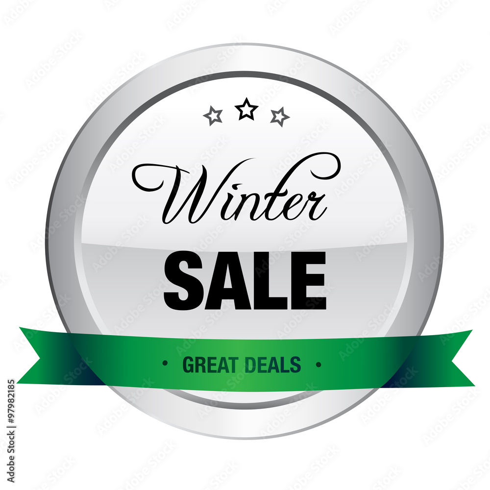 Winter sale seal or icon. Silver seal or button with stars and green banner. Winter sale seal or icon. Silver seal or button with stars and green banner.