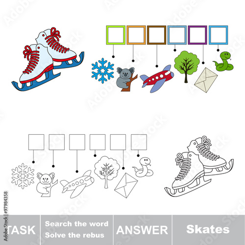 Vector game. Search the word. Find hidden word Skates