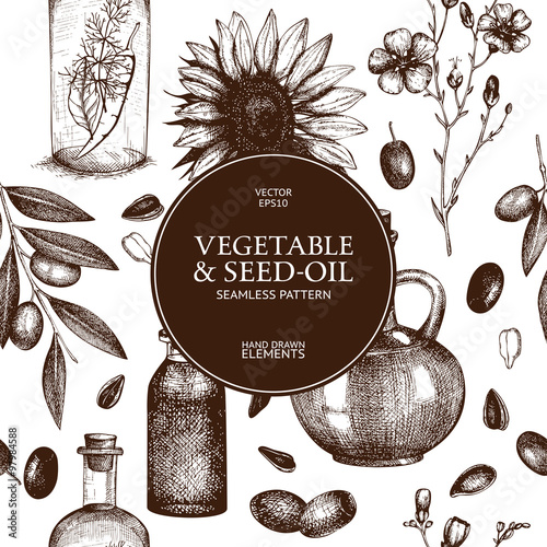 Vector seamless pattern with hand drawn vegetables and seed-oil illustration. Vintage healthy food illustration. Decorative engraved oil background